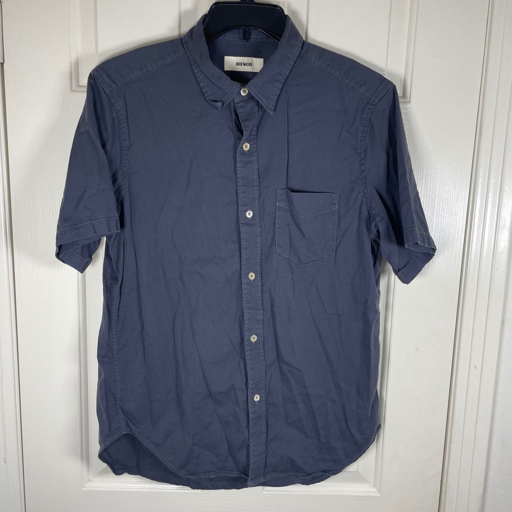 Buck Mason Mens Large Button Up Short Sleeve Shirt Slate Blue Cotton Rayon EUC - Picture 3 of 7